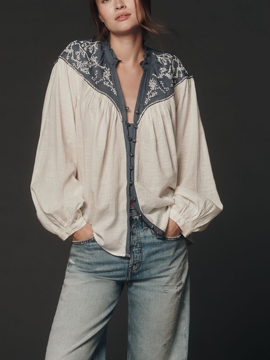 Anthropologie Tops - Anthropologie Puff-Sleeve Embroidered Buttondown Blouse Pilcro NEW 2X Ivory